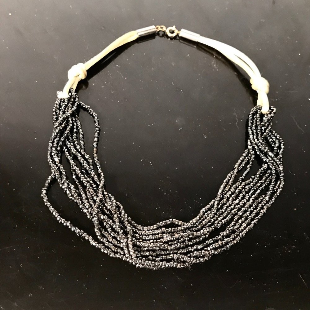 Vintage Silk Hematite Choker Beaded Necklace 9 Strand Formal Evening - Picture 4 of 5